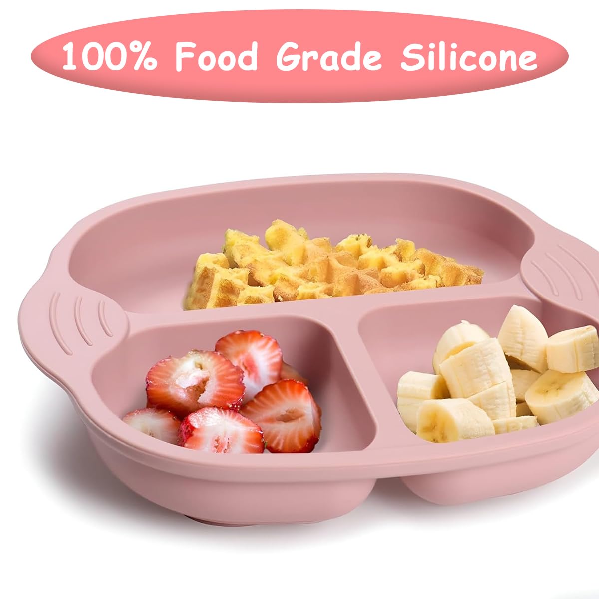 SNOWIE SOFT Baby Food Plate with 4 Strong Suction Cups and BPA Free Silicone | Pink Feeding Set
