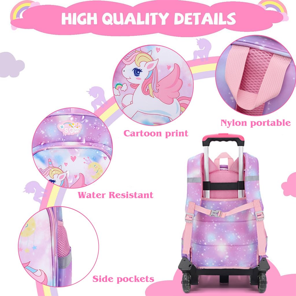 FANCYKU® Unicorn Print School Backpack for Girls Travel Backpack for Girl School Bag on Wheel Detachable Wheel Stand Gift School Bag for Girls