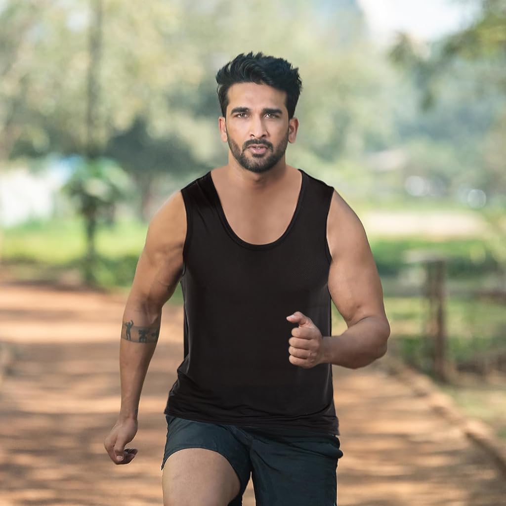 GUSTAVE Gym Vest for Men with Breathable Mesh and Quick-Dry Ice Silk Fabric | Black Sleeveless Top
