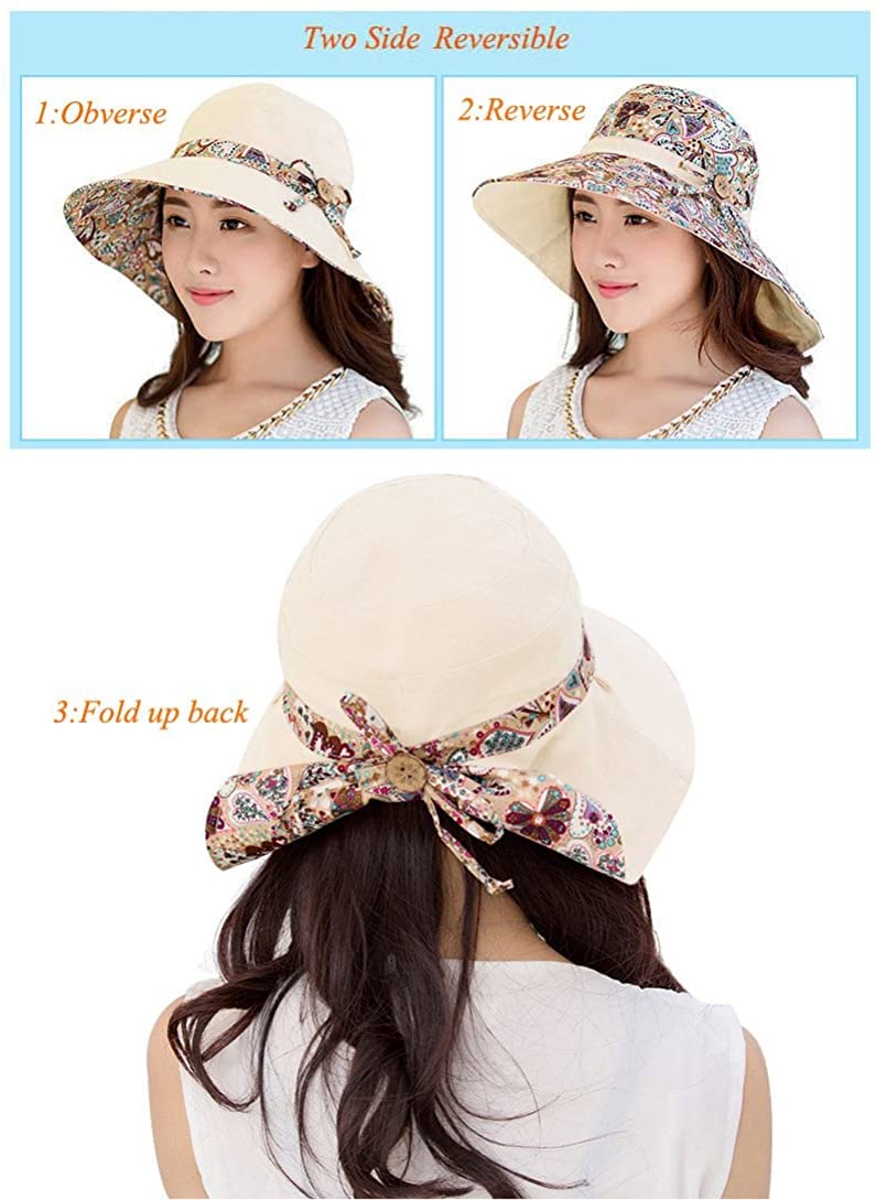 PALAY® Womens Sun Hat, Both Sides Wear, UPF 50+ Garden Beach Hat for Women Foldable Wide Brim Hat for Girls