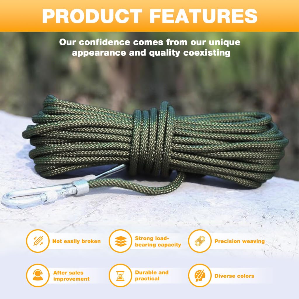HASTHIP Clothes Drying Rope for Outdoor Laundry with Dual Carabiners and 10m Steel Core | Army Green