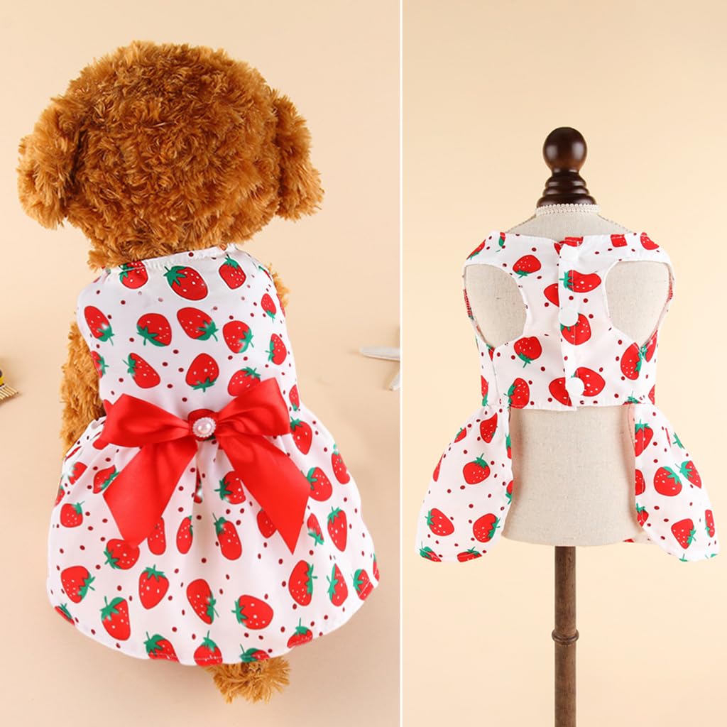 Qpets® Summer Female Dog Dress for Small Dogs Kitten Dog Clothes Clothing Cute Strawberry Bow Print Princess Dress for Puppies, Kittens, Chihuahua, Maltese, Pug, Papillon(Suitable for 3-3.5kg)