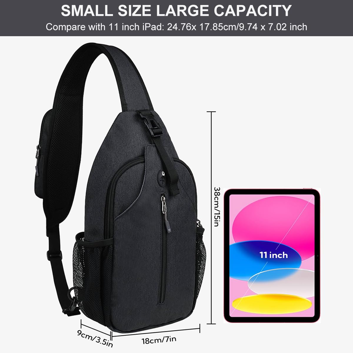 GUSTAVE Sling Bag for Men with 3 D-Rings Adjustable Strap and 15 in Compact Design | Sleek Black Crossbody for Travel