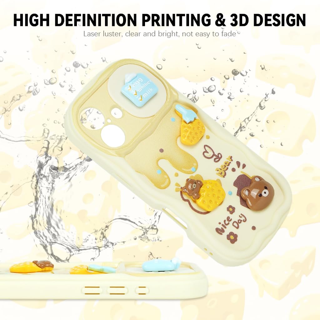 ZORBES Phone Case for iPhone 16 with 3D Butter Little Bear Design and Camera Lens Sliding Cover | Silicone Protective Case with Lanyard for Girls