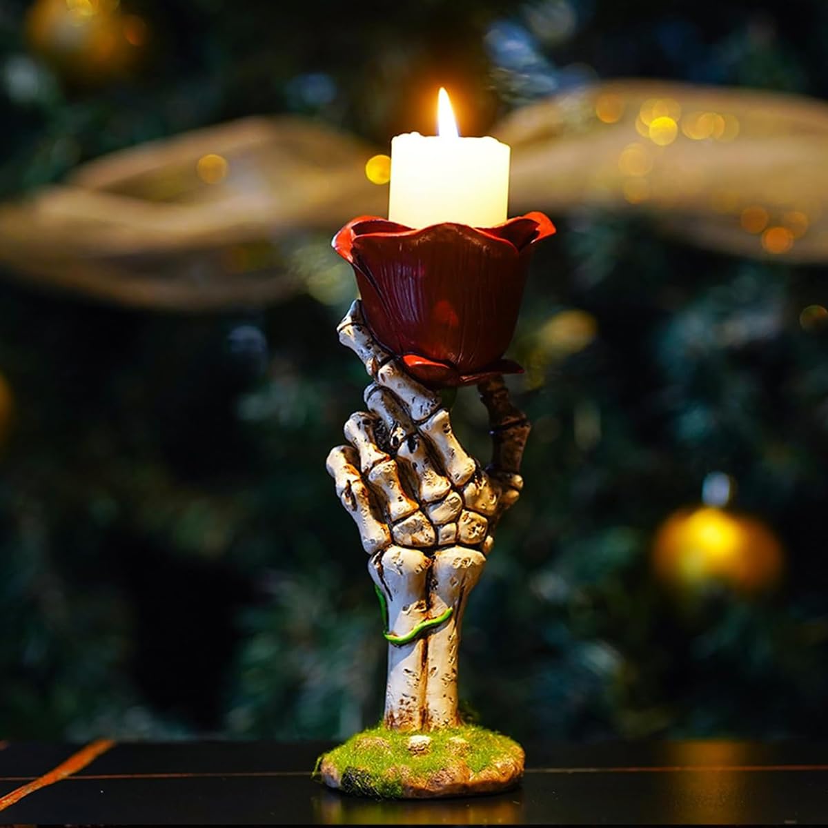 HASTHIP Halloween Candle Holder for Home Decor featuring Skeleton Hand and Rose 7.3x7.2x18.5cm | Gothic Romantic Resin Candle Stand