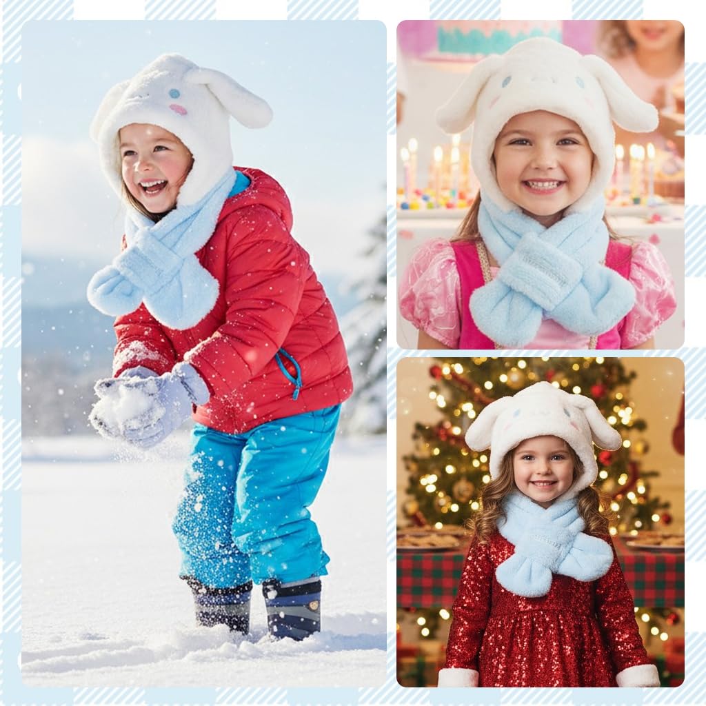 PATPAT Kids Scarf Cap Set for Winter with 2 in 1 Wrap Around Design | Blue White Fleece for Girls 4–13