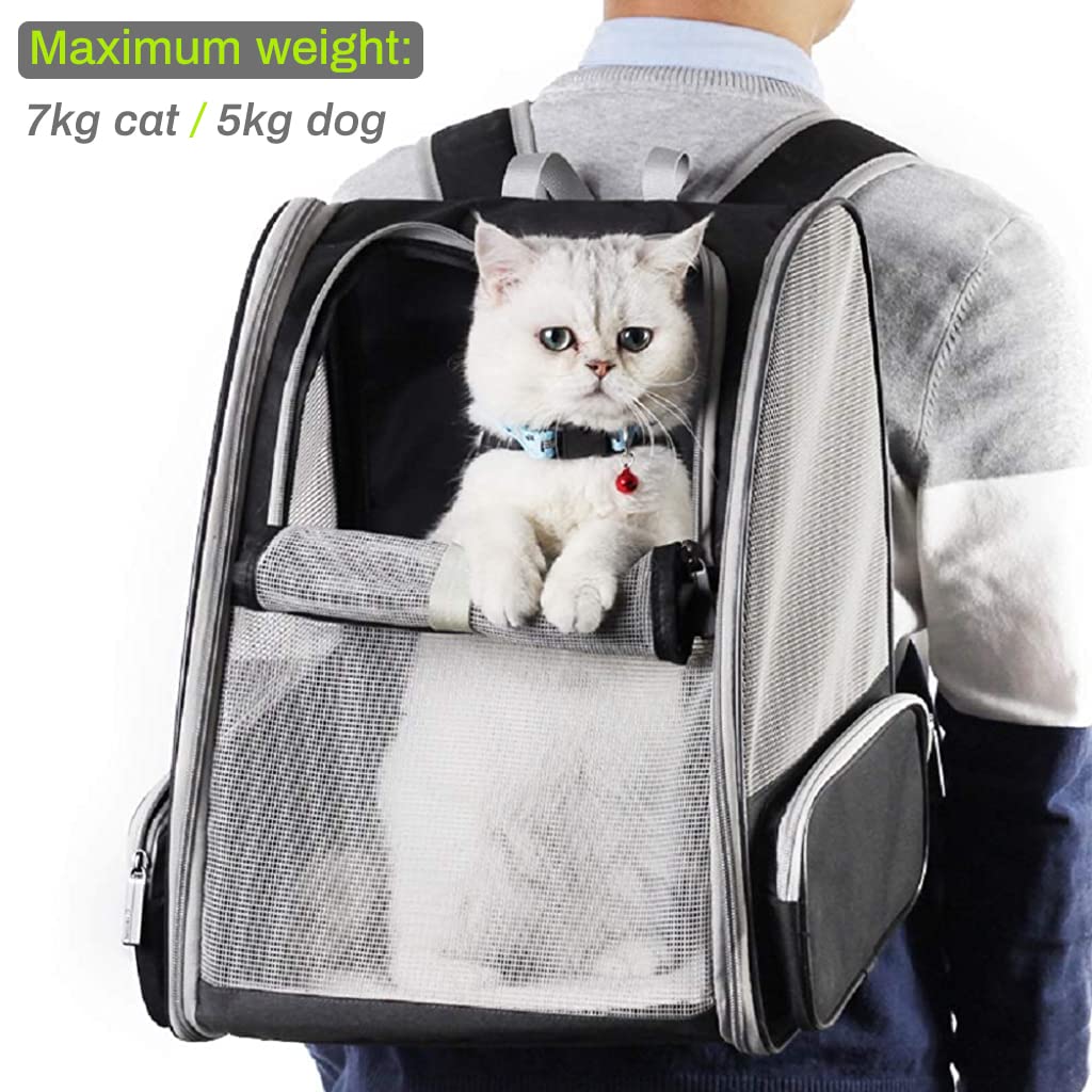 Qpets® Breathable Cat Bag Carrier Backpack Combo, Expandable Pet Travel Cage for Small Cats Dogs, Hot Weather Backpack Design, Grey & Pink, Versatile for Travel, Outdoor, Vet, Everyday Use