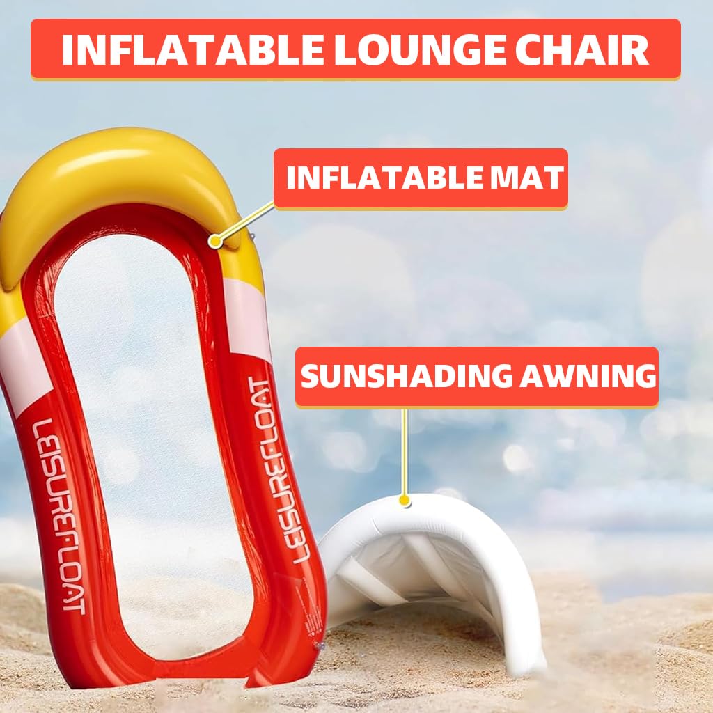 Proberos Inflatable Pool Lounger for Adults featuring Sun Visor and Headrest | 150x78cm PVC Floating Bed