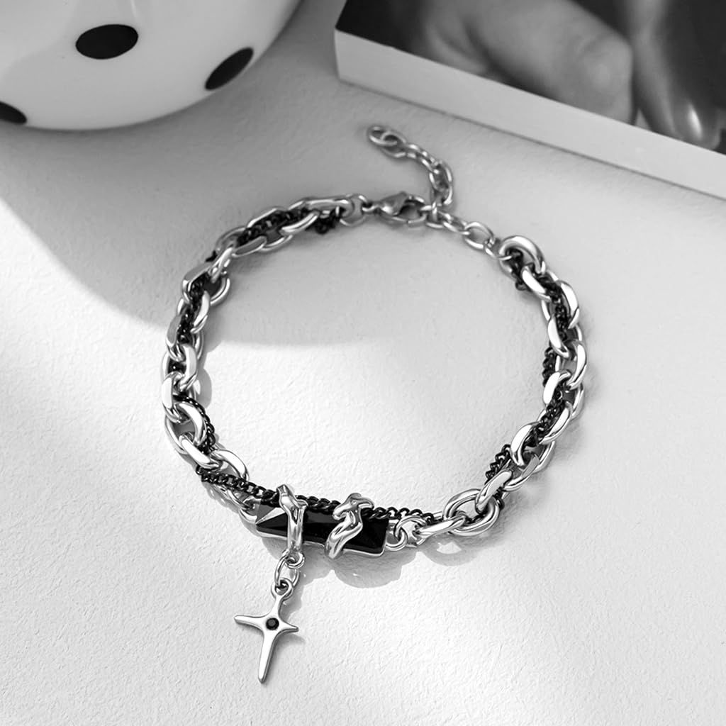 PROBEROS Bracelet for Men with Cross Pendant and Interwoven Chain 18+5cm | Titanium Steel