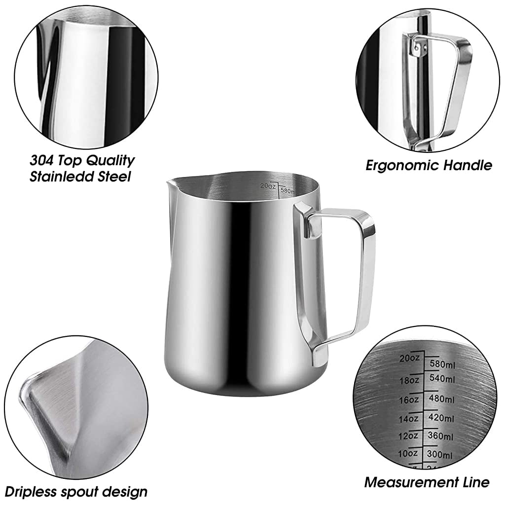 Supvox Milk Frothing Pitcher for Cappuccino with V Shape Nozzle and Scale 20oz Stainless Steel | Includes Decorating Pen
