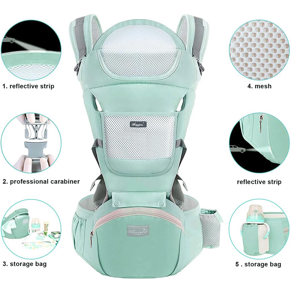 Snowie Baby Carrier for Daily Use with Ergonomic Lumbar Support and 6 in 1 Hip Seat | Breathable Green Design for Infants Up to 30Kg