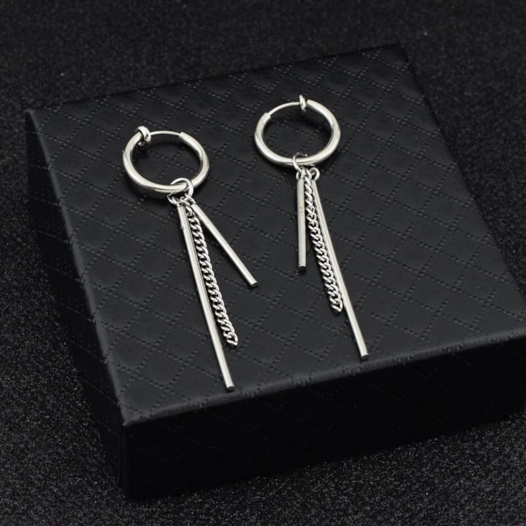 ZIBUYU Earrings for Men and Boys BTS Clip On Hoop Earrings for Women Stylish Titanium Steel Hoop Pendent Chain Earrings Hiphop Pendent Hoop Earrings Korean Hoop Earring 1 Pair