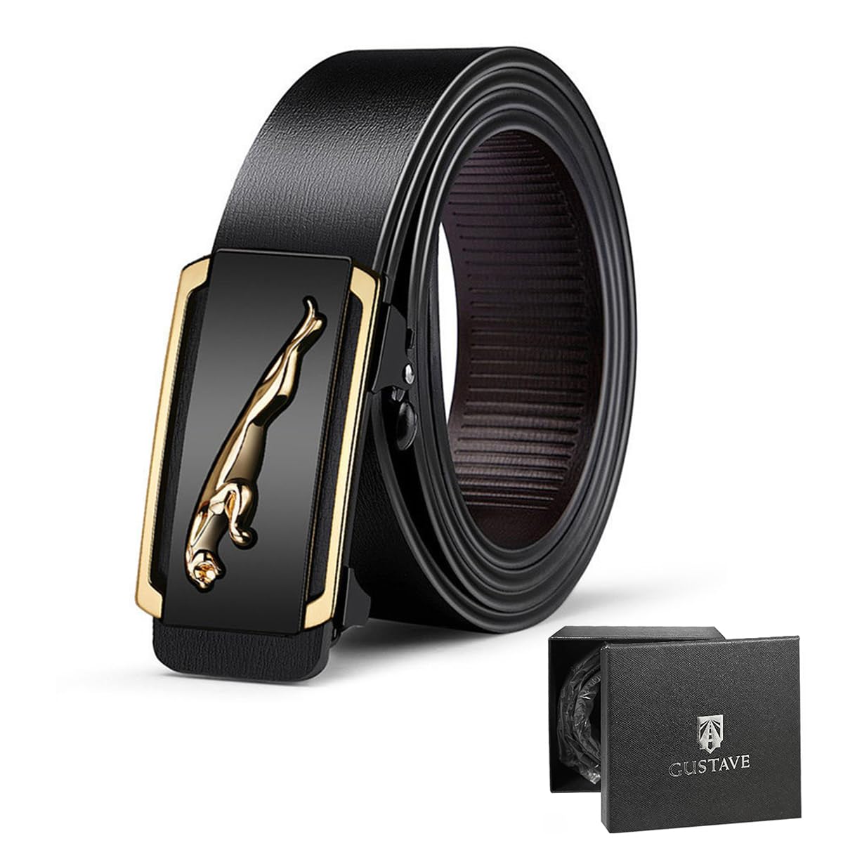 GUSTAVE Men's Belt Adjustable Auto with Lock Buckle Belt Black Belt for Men Leather Belt, Fashion Golden Leopard Pattern Design-Long 125cm