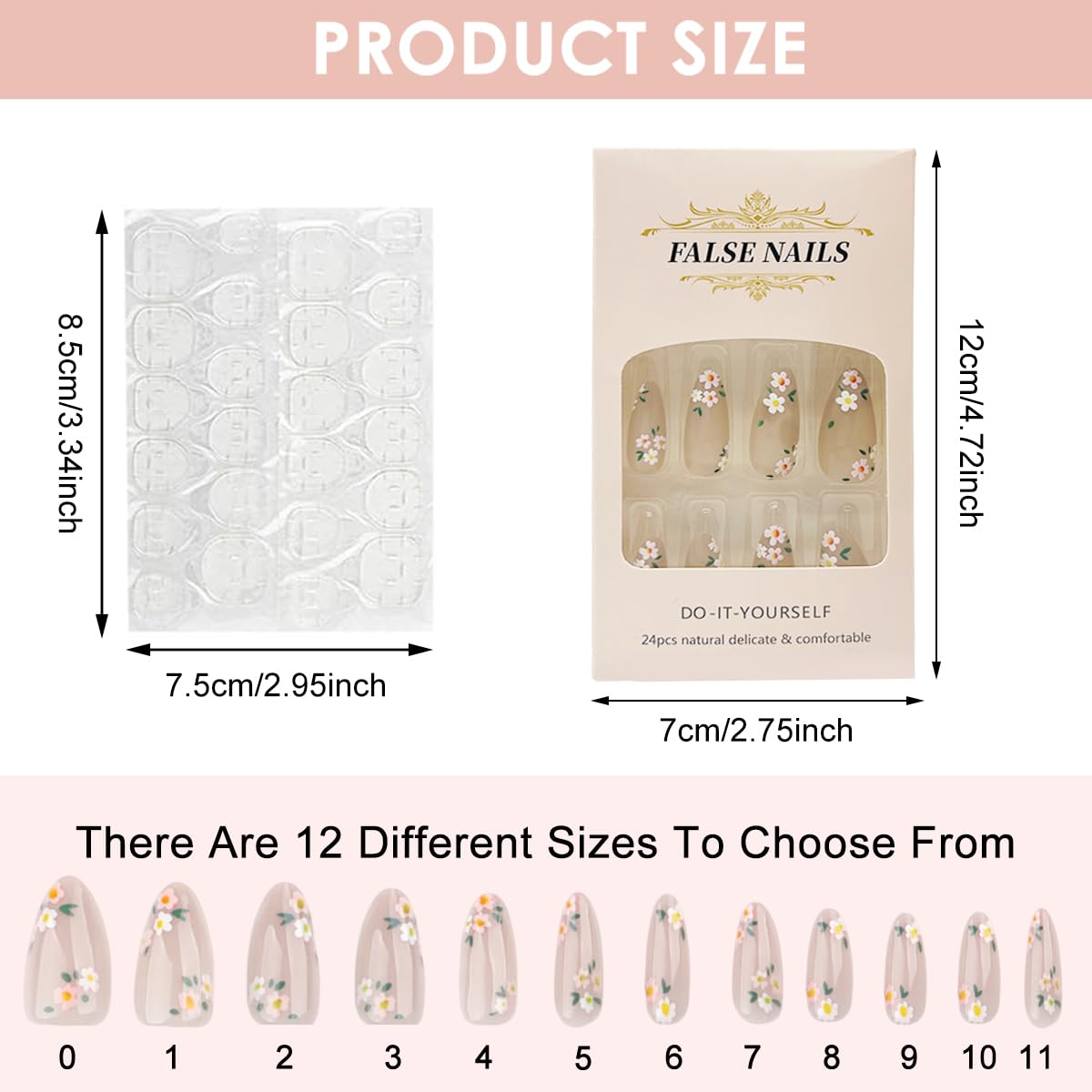 MAYCREATE Press On Nail Set for Everyday Wear with 24Pcs Almond Sizes and Adhesive Tabs | Pink Floral Resin Design