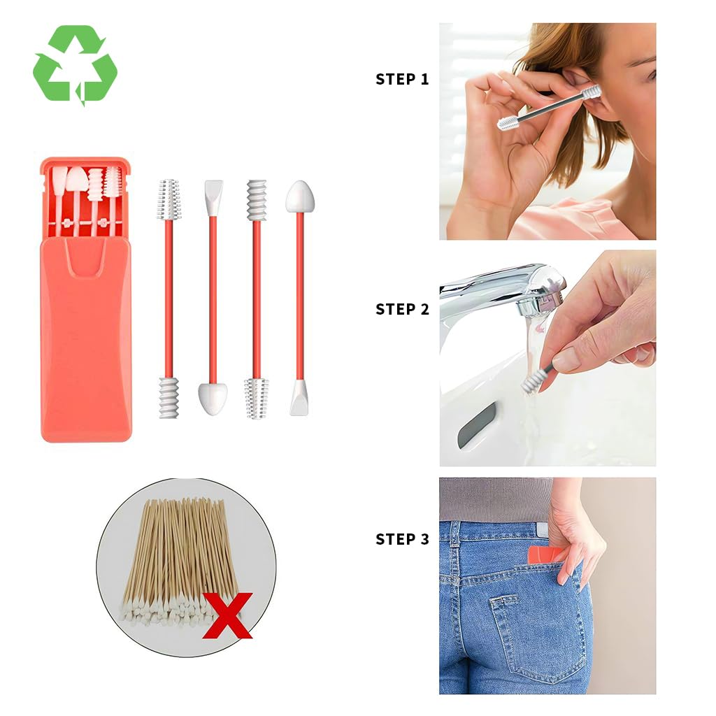 MAYCREATE® 4pcs Reusable Cotton Swabs, Dual Head Silicone Ear Swab and Makeup Swabs Kit with Storage Case for Ears, Baby, Beauty