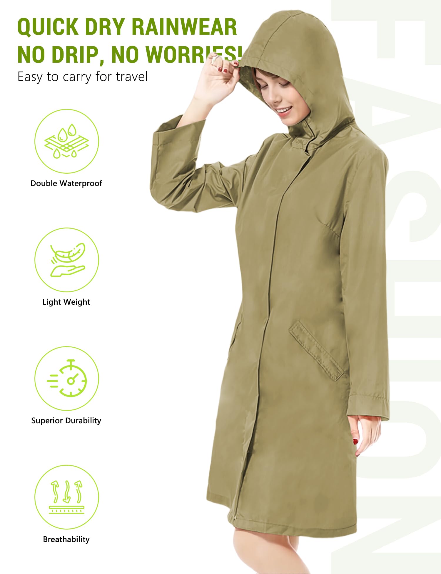 Venzina Raincoat for Women with Hood and Snap Button Front featuring Waterproof Nylon | Lightweight Knee Length Zip Up Design for Travel and Outdoor Use
