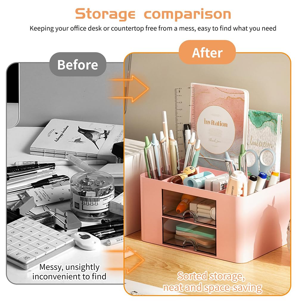 Zibuyu Desk Organiser for Office Table with 2 Drawers and 5 Compartments in Pink | ABS Storage Box for Stationery and Makeup