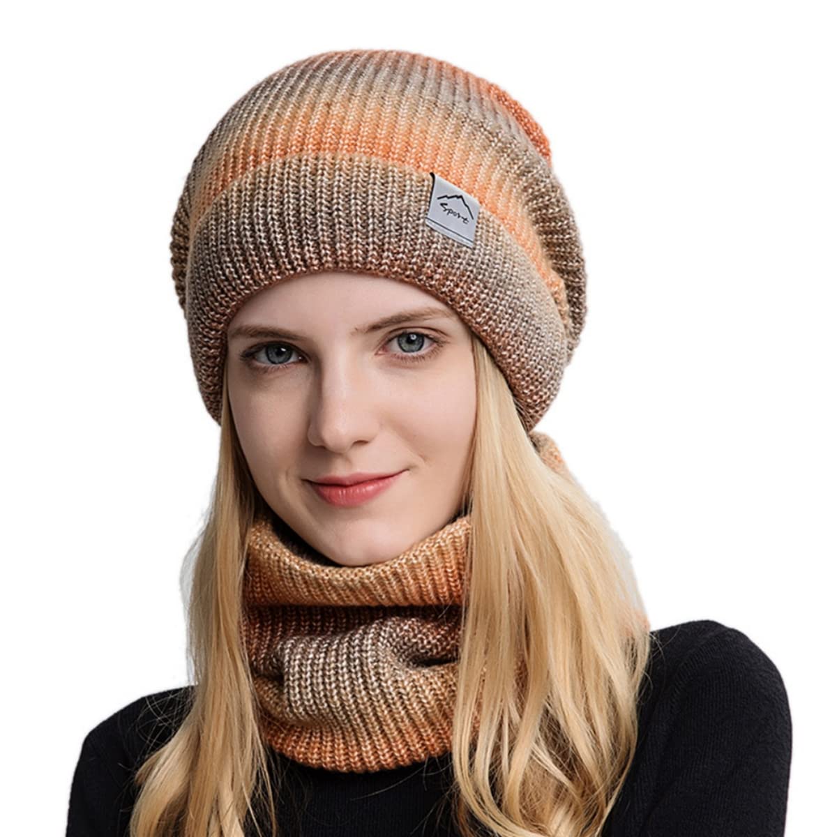 PALAY® Winter Caps for Women, Fleece Lined Women's Beanie Cap Hat with Neck Scarf, Knitted Warm Winter Hat Neck Warmer Scarf Mask Set (orange)