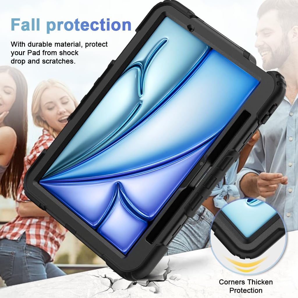 ZORBES Case for iPad Air 11 M3 2025 and M2 2024 with 360 Rotating Kickstand and Hand Strap | Heavy Duty Silicone Protection