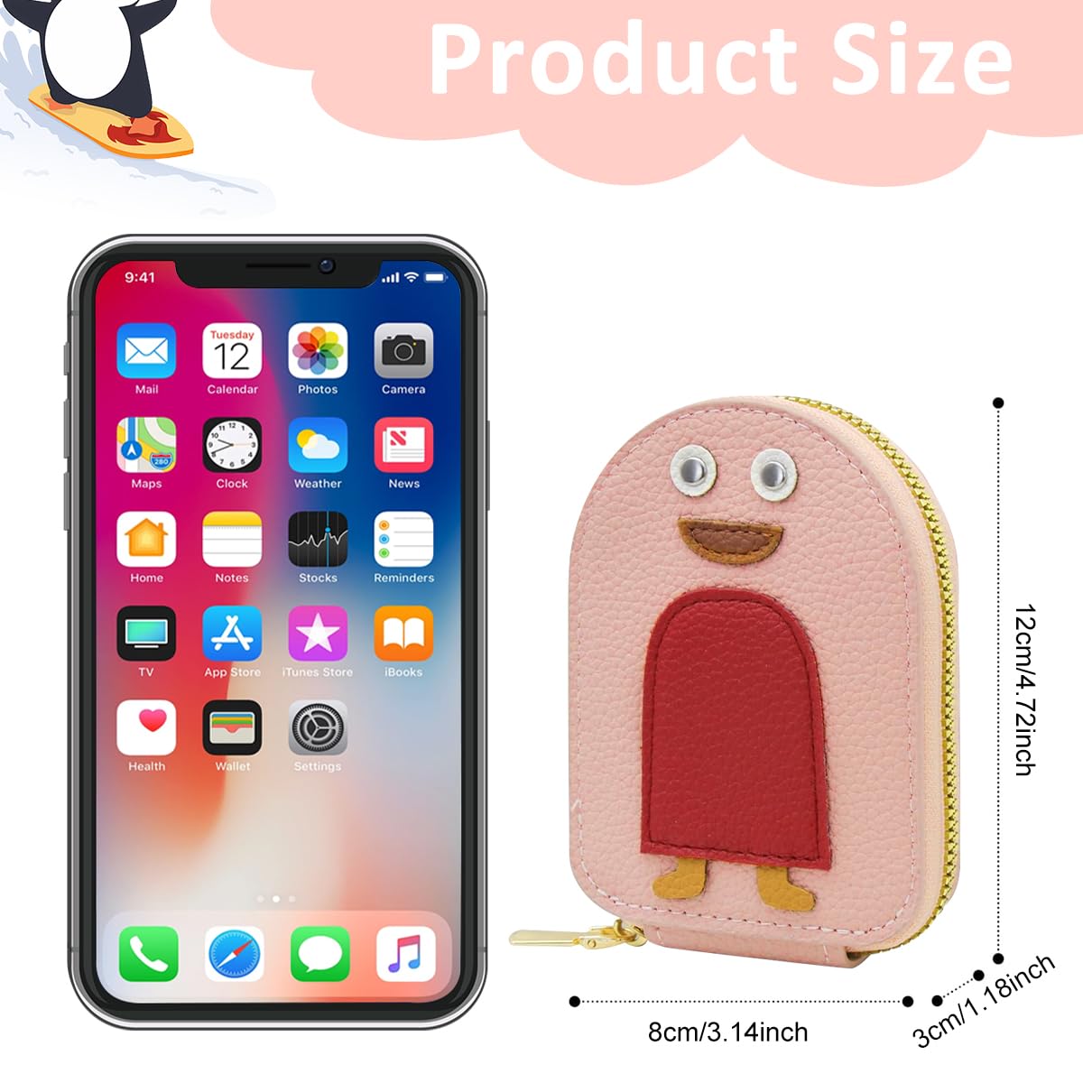 PALAY Girls Card Bag for Travel and Daily Use with 10 Compartments and RFID Blocking | Pink Cartoon Penguin PU Wallet Organizer