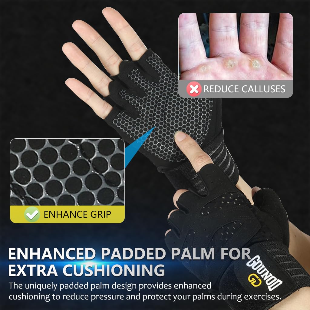 Proberos Fingerless Fitness Gym Gloves for Workout with Padded Palm and Wrist Support | Black L