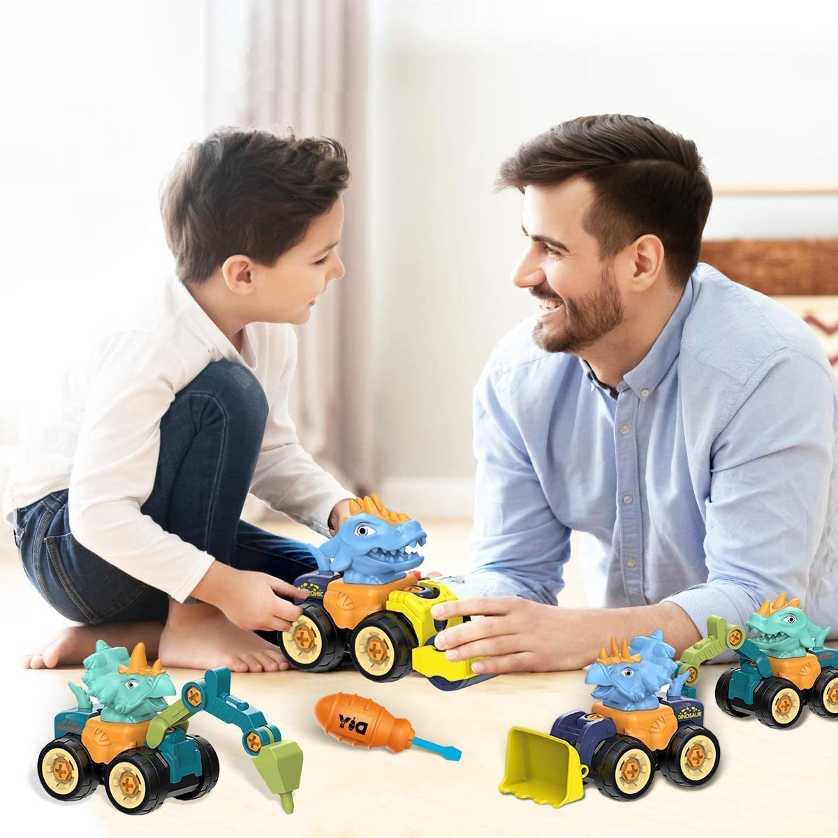 PATPAT Car Toys for Kids 4 Pcs Dinosaur Engineering Vehicles with Screwdriver and Wrench | STEM Building Gift for Ages 3–8