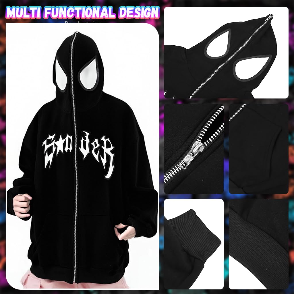 GUSTAVE Hoodie for Men and Women featuring Full Zip Face Cover and Bold Spider Print | Black Oversized Y2K Streetwear Jacket