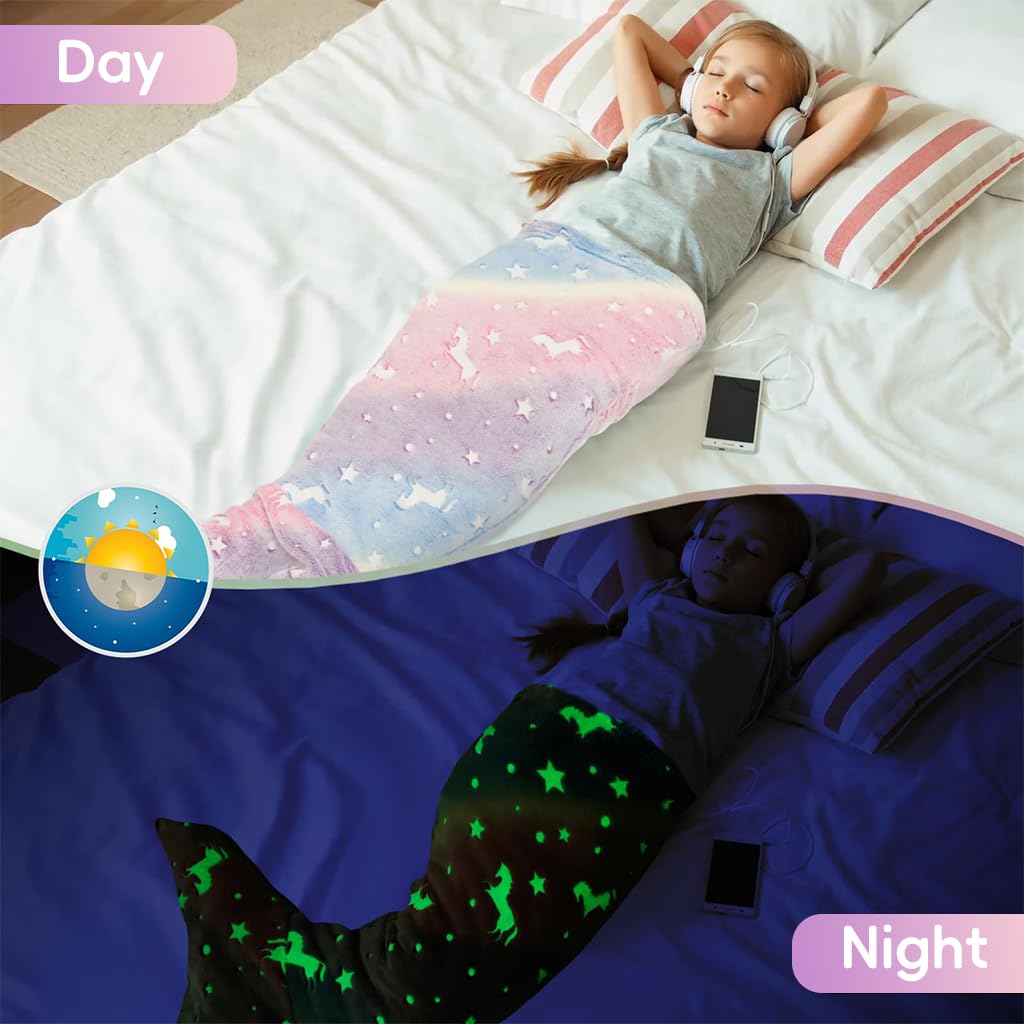 SNOWIE SOFT Mermaid Tail Comfort Blanket for Girls with Glow Design 100x50cm Flannel