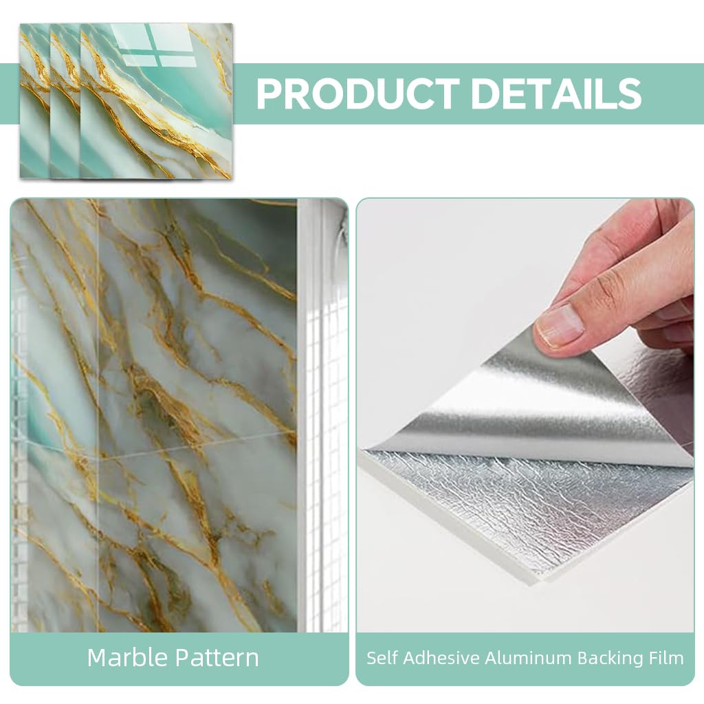 HASTHIP Wall Decorative Stickers for Home Decor with Tin Foil Adhesive Backing | 10 Pcs 11.8 in Square Marble Pattern Waterproof Tiles