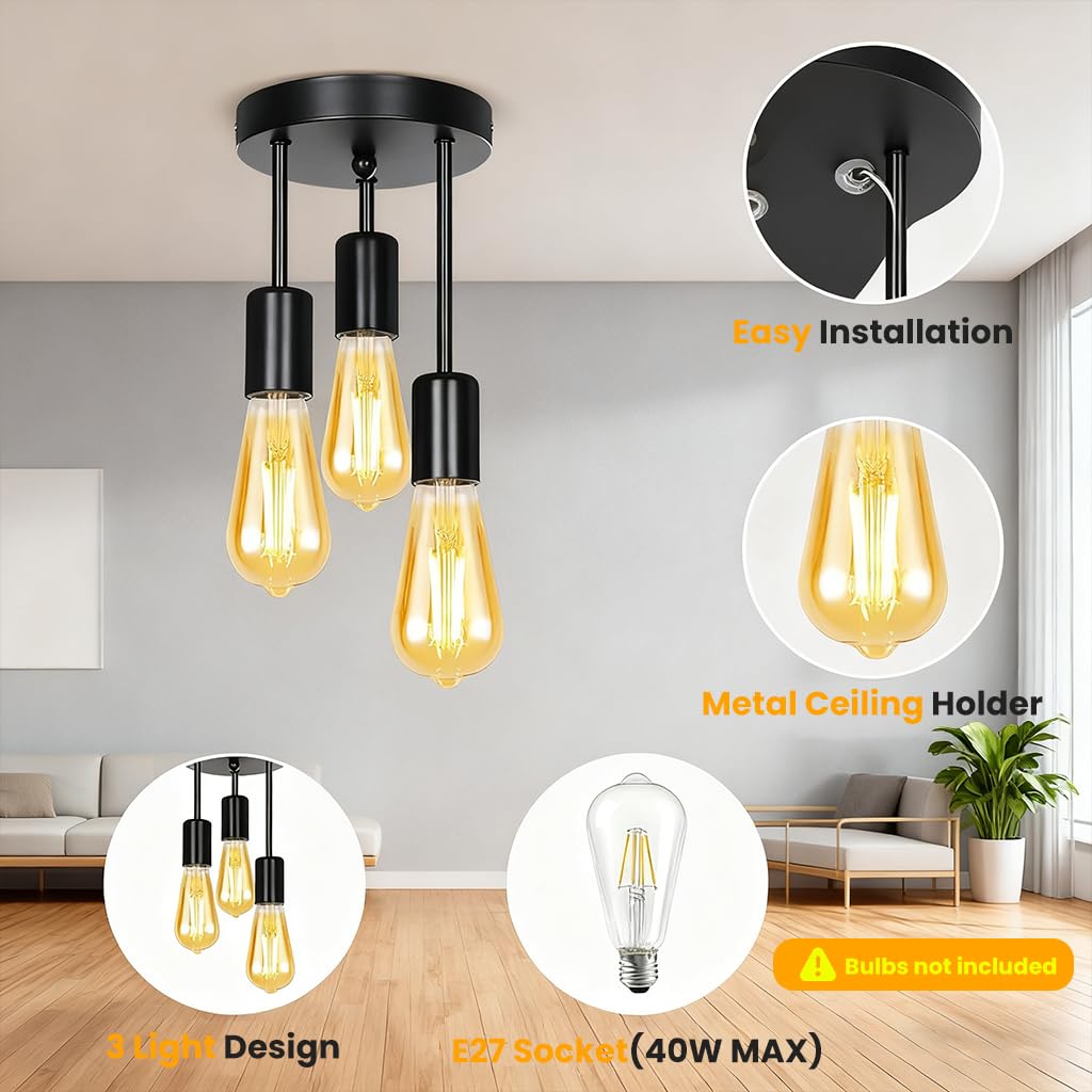 ELEPHANTBOAT Vintage 3-Light Chandelier for Apartment and Bathroom with E27 Bulb Compatibility | Black Iron Ceiling Light Fixture