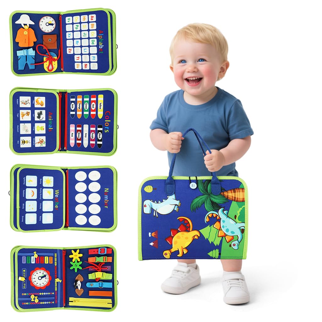 SNOWIE SOFT Dinosaur Busy Board for Toddlers 1-3 with Felt Pages and Handbag Design | Montessori Travel Toy for Quiet Learning