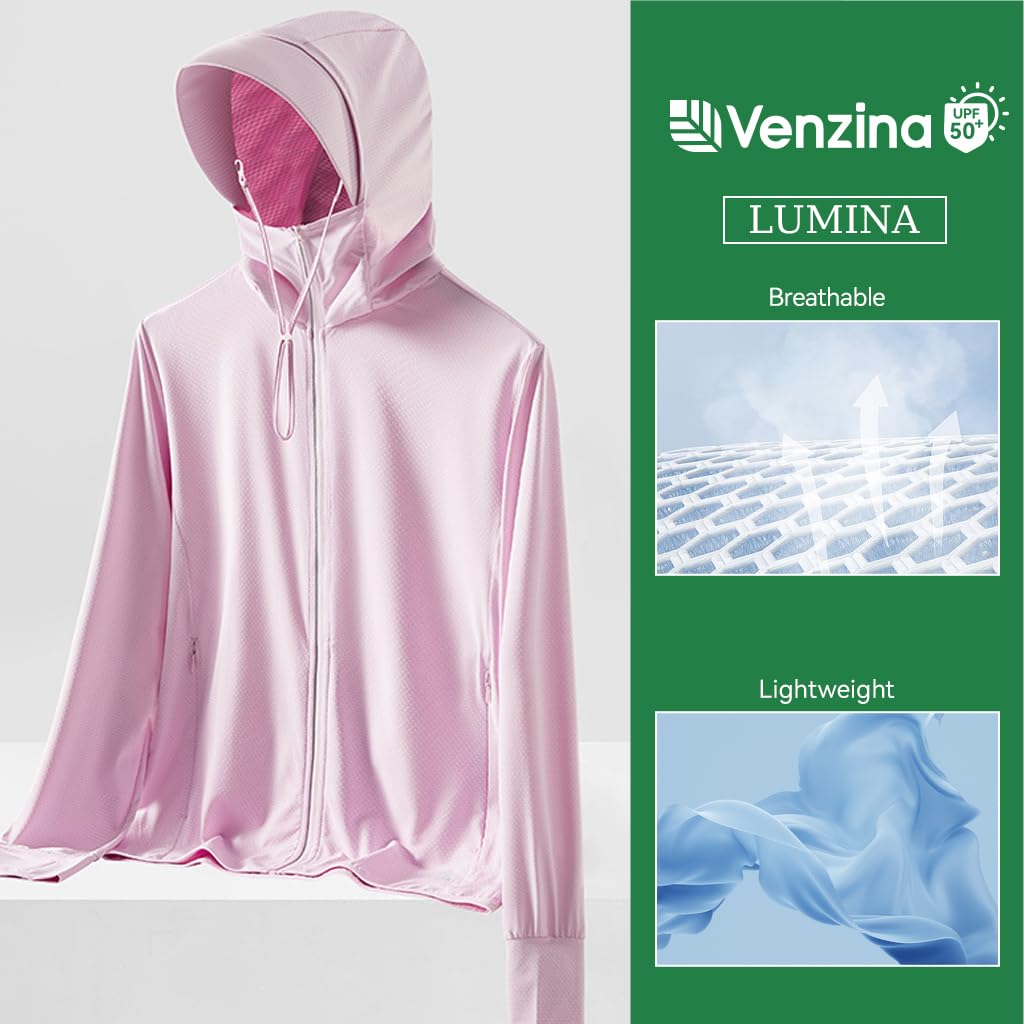 Venzina Women’s UPF 50+ Sun Protection Jacket for Hiking with Detachable Brim Hood | Lightweight Polyester Spandex Cooling Hoodie with Pockets