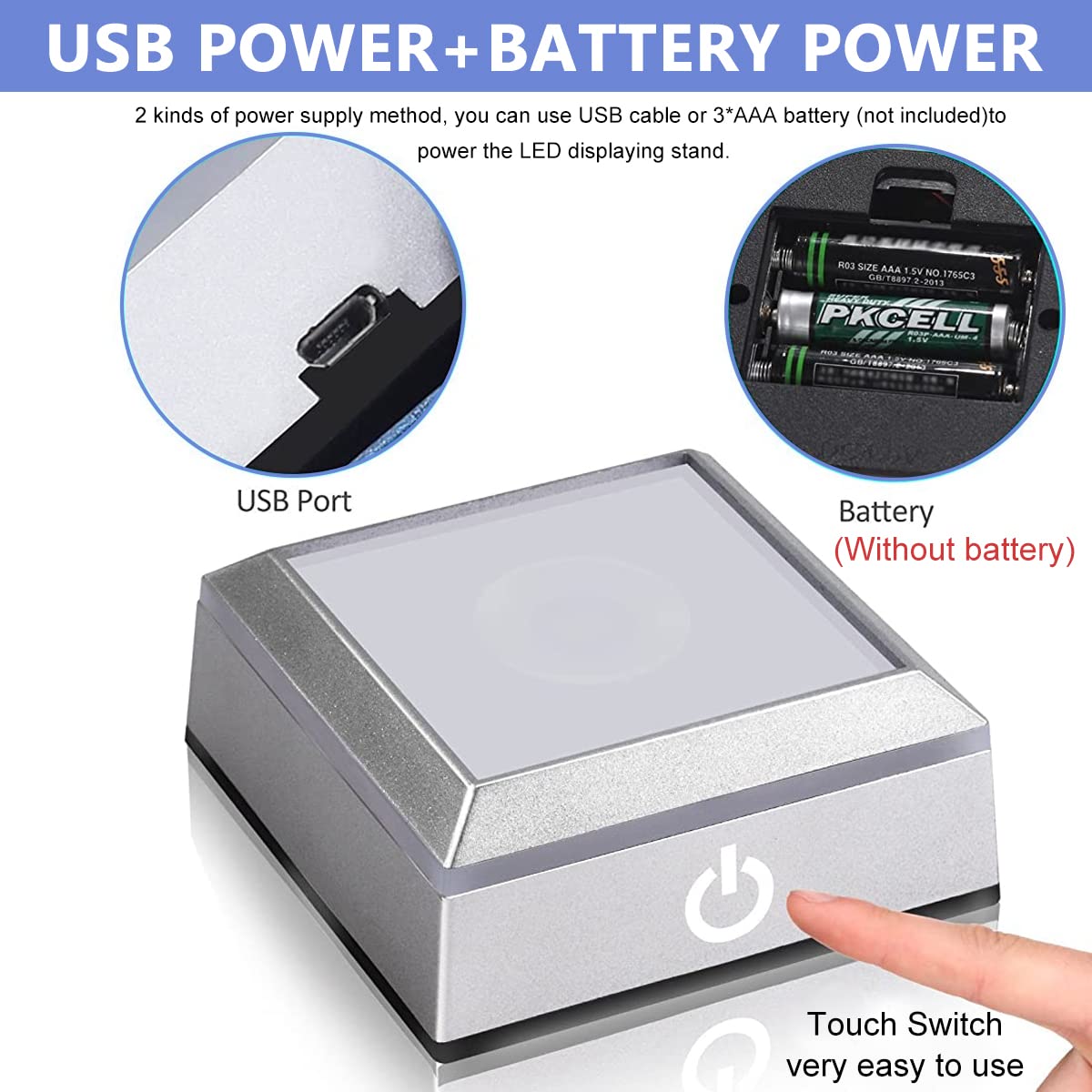 HASTHIP LED Display Stand for Crystal and Glass Art featuring Touch Switch & 6 Color Modes | 2.68 in Square Base