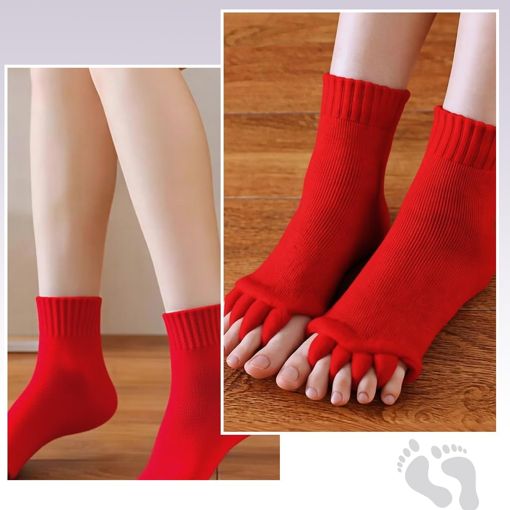 Zibuyu Toe Separator Socks for Yoga and Sports featuring Ergonomic Toe Dividers | Breathable Cotton Red Design for Men and Women