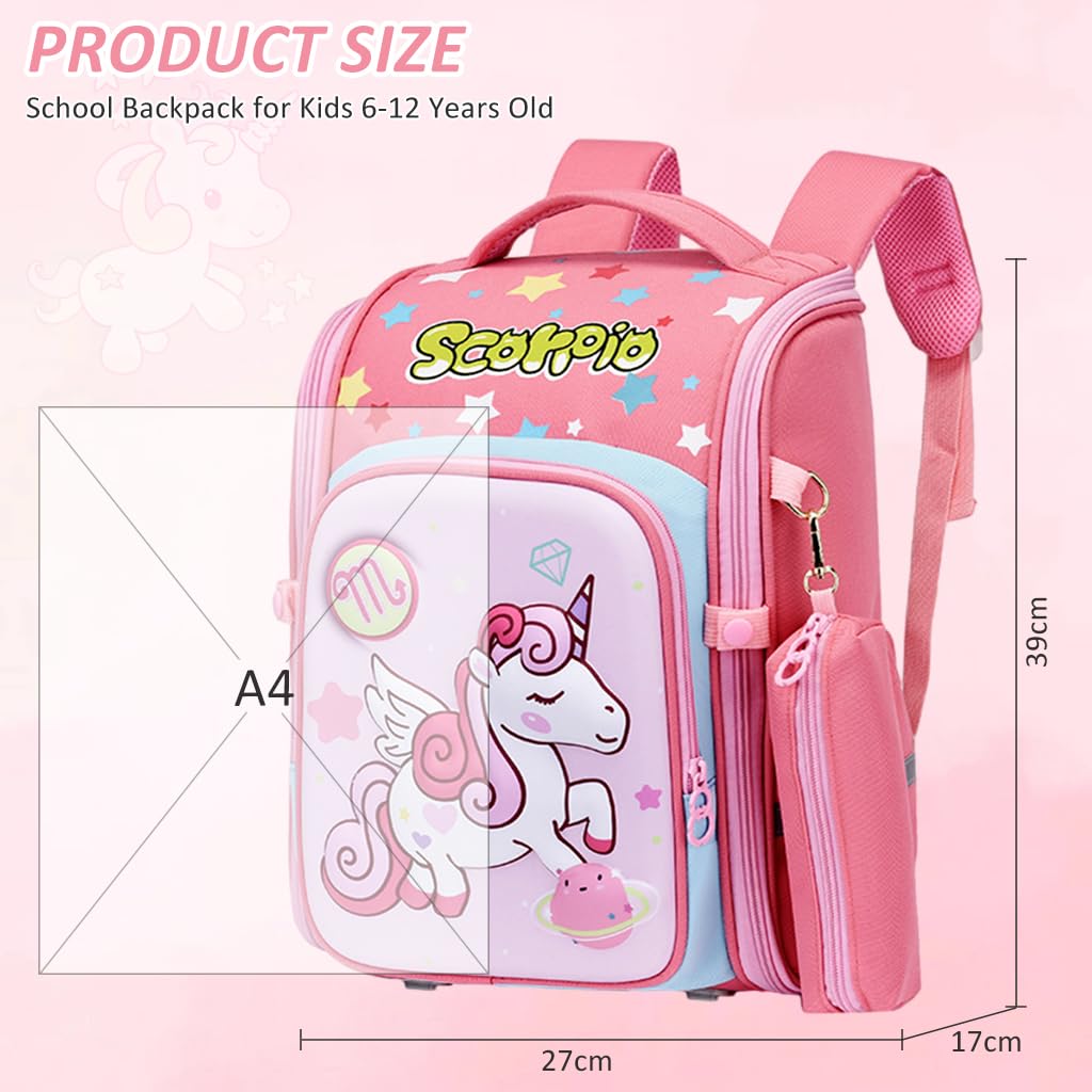 PALAY® School Backpack for Girls, Unicorn Cartoon School Backpack Girls Backpack for School, Travel, Camping, Burden-relief School Backpack for Kids 6-12 Years Old