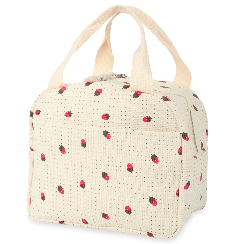 HASTHIP Insulated Lunch Bag for Office with Dual Zipper and 25.5x21x17cm Capacity | Corduroy Strawberry Design