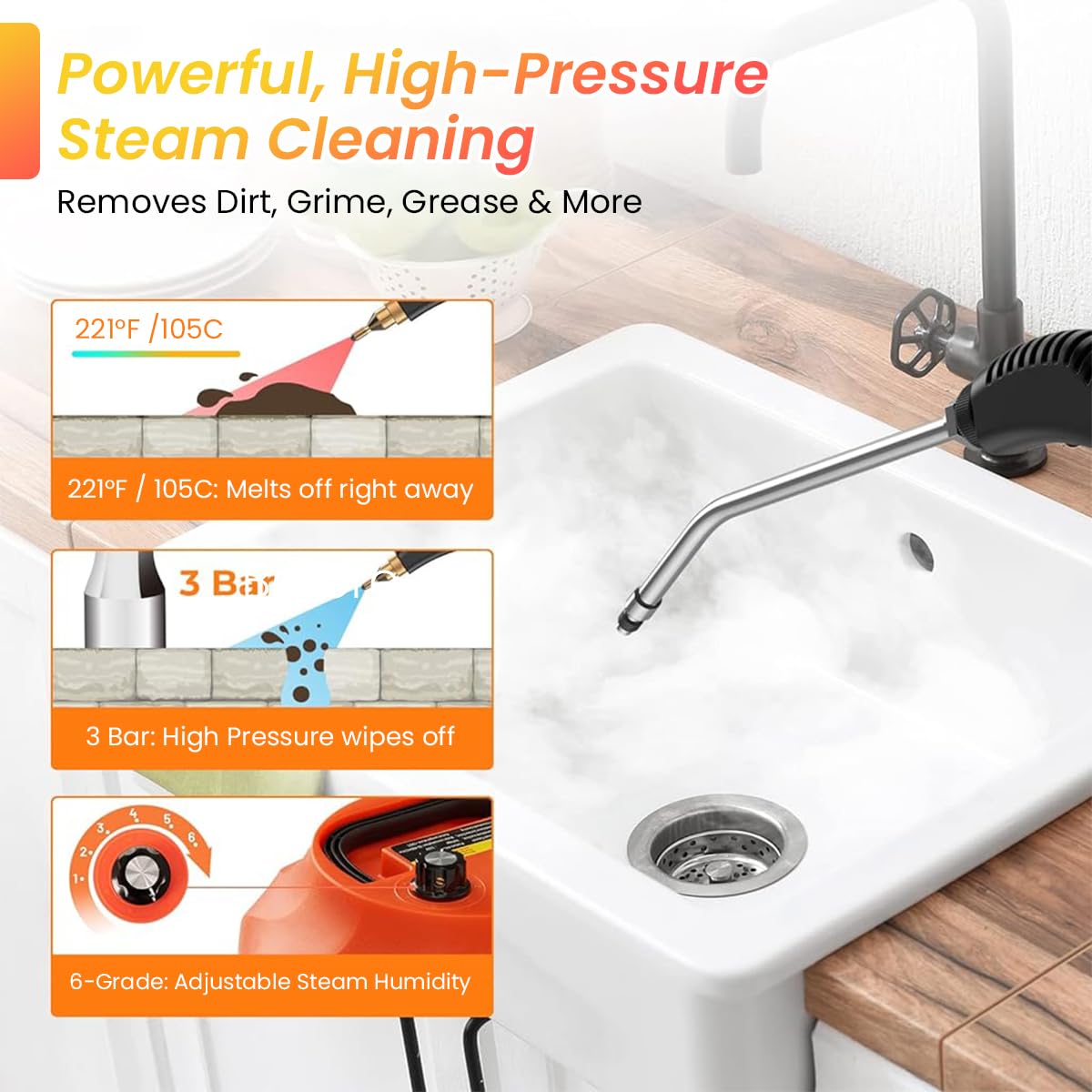 HASTHIP Steam Cleaner for Home and Car Detailing with 2500W Power 1000ml Tank | 3 Brush Attachments and Long Nozzle