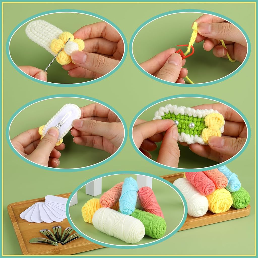 PATPAT DIY Crochet Hair Clip Material Kit for Beginners Set of 10Pcs with Hooks and Needles | Creative Gift for Craft Lovers