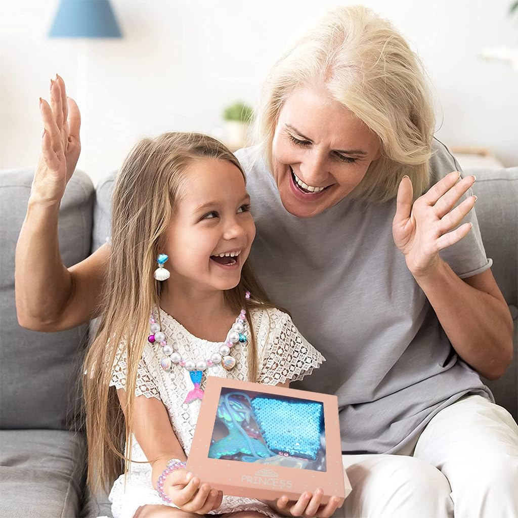 Venzina Mermaid Jewelry Set for Girls with Faux Pearl Necklace and Sequin Bag | 6 Pcs Gift