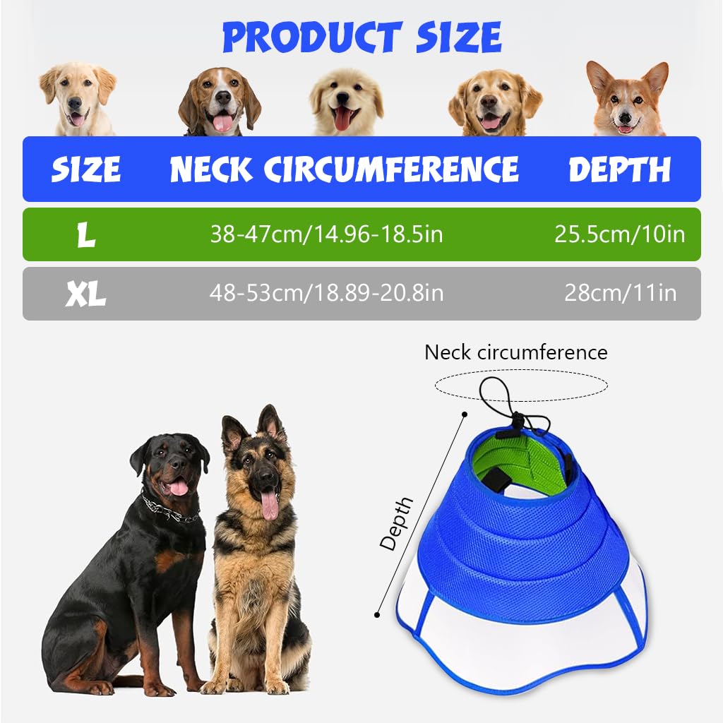 Qpets® Dog Cone Collar, Breathable Soft Dog Cones, After Surgery Recovery Dog Collar with Drawstring Adjustment for Head Neck Protection (L)