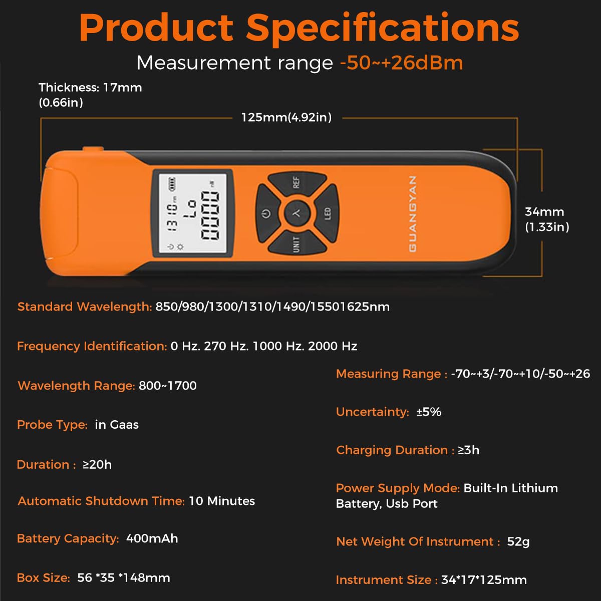 Serplex® Fiber Optic Power Meter -50~+26dBm Fiber Light Meter with Inbuilt LED Flashlight, USB Rechargeable 7-Wavelength LED Light Meter, SC/FC/ST Compatible, For Accurate Fiber Testing