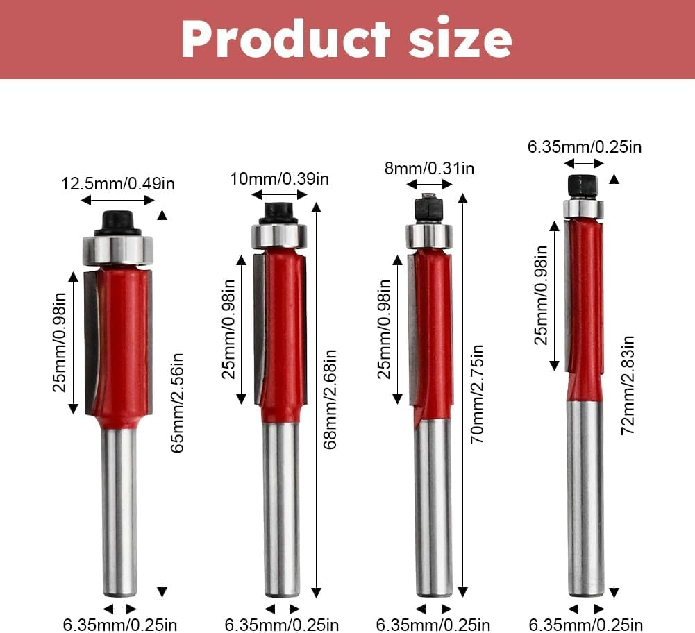 Serplex Flush Trim Router Bit Set for Woodworking with 1/4 inch Shank Top Bearing | Hard Alloy Cutters