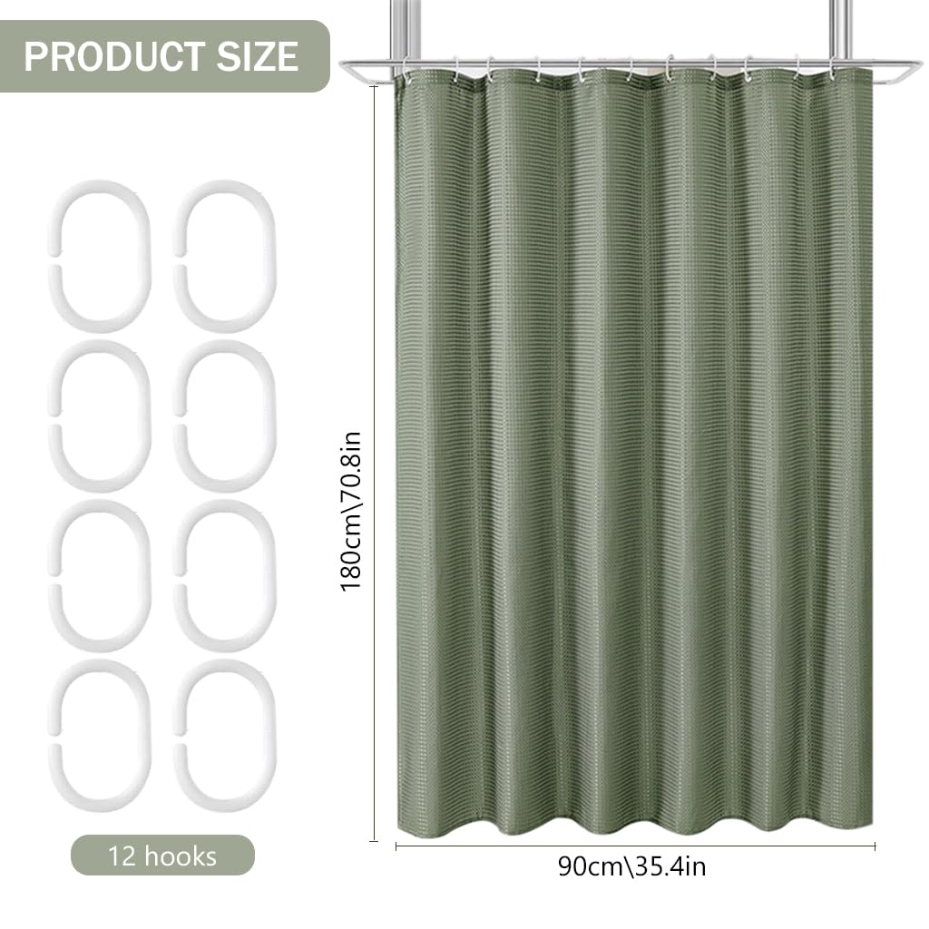 HASTHIP® Fabric Shower Curtain Waterproof Polyester Double Sided Waffle Textured Green Shower Curtain with 12 Plastic Hooks Water Resistant Partition Liner for Washroom (Green 72''x72'')