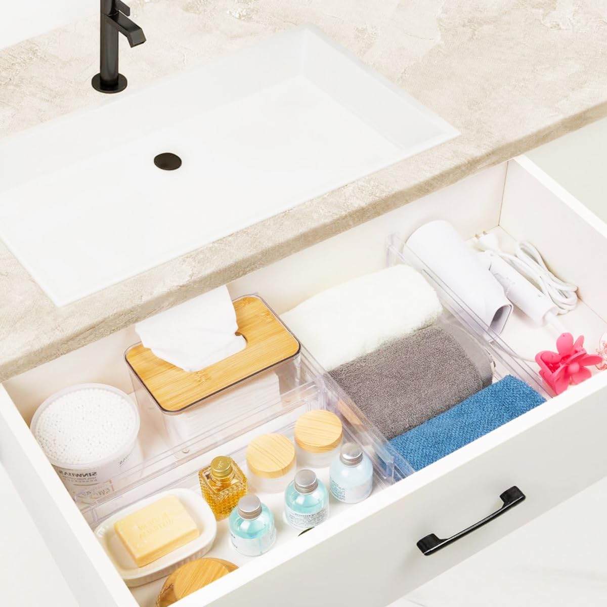 HASTHIP Drawer Dividers for Kitchen and Office Organization featuring Adhesive Backing and 11–20 in Adjustable Design | Clear 3.2 in High Divider Strips