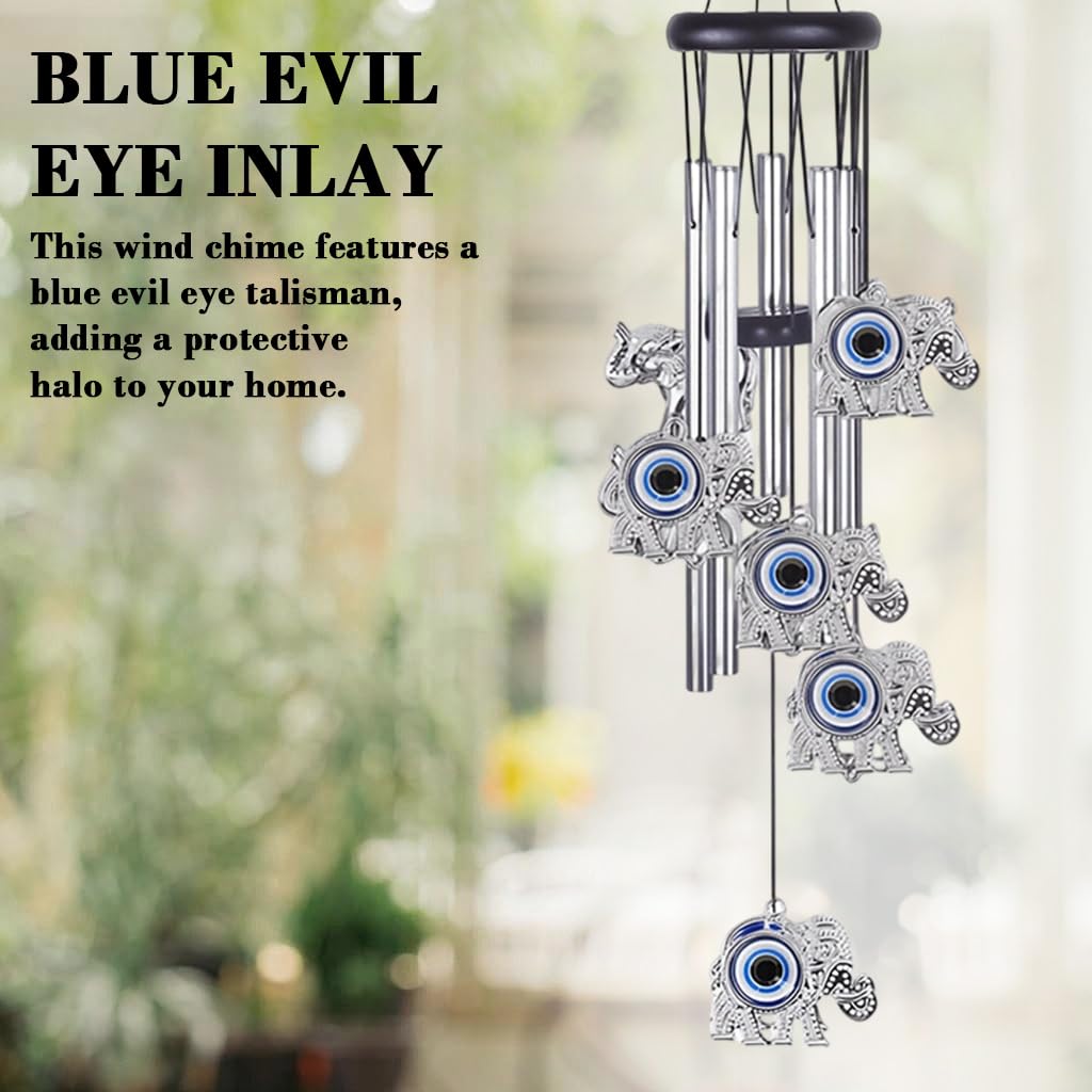 HASTHIP Evil Eye Elephant Wind Chimes for Home Décor with 25 in Aluminum Tubes | Blue Charm for Positive Energy