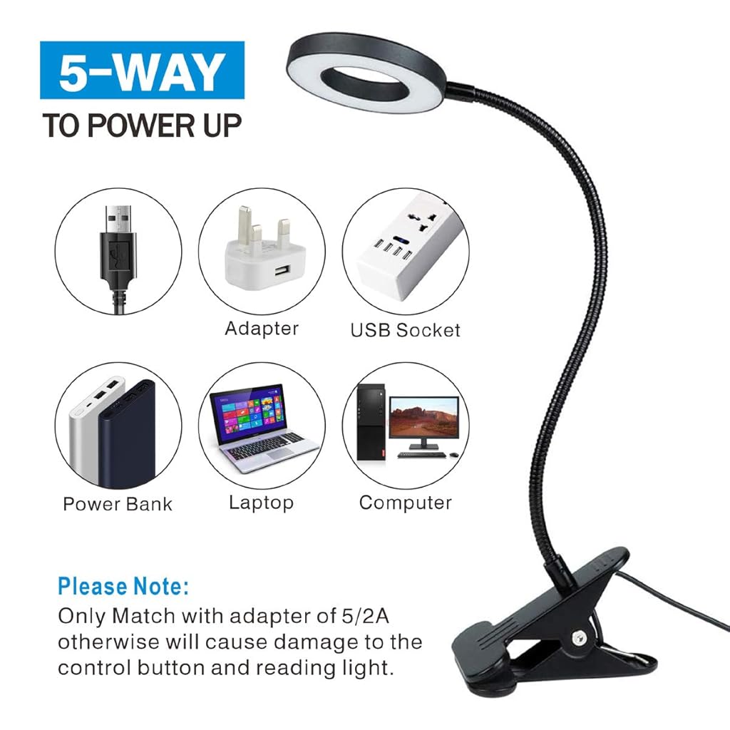 ELEPHANTBOAT® USB Desk Clip Light, 3-Color LED Reading Desk Lamp with 10 Brightness, Flexible Gooseneck Design, Multipurpose LED USB Ring Light for Reading, Crafting