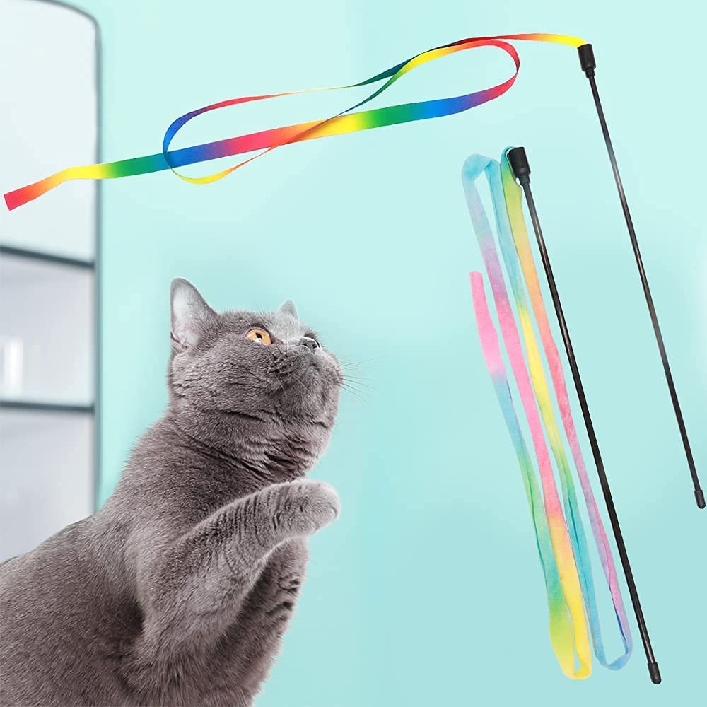 Qpets Cat Rainbow Wand Toys for Interactive Play with Colorful Satin Ribbon | 4PCS Set