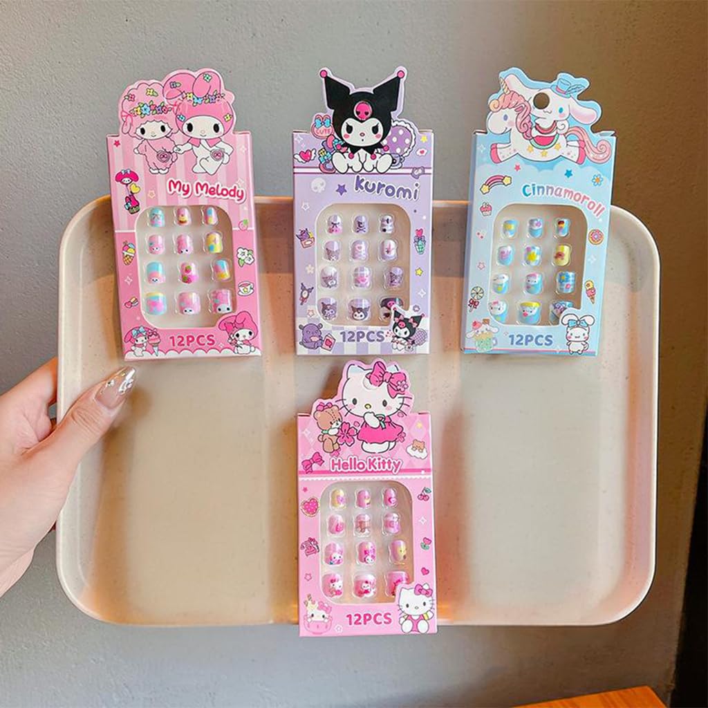 ZIBUYU Press on Nails Kit for Kids with Jelly Glue featuring 4 Cartoon Sets | Reusable DIY Manicure