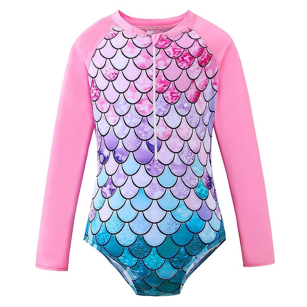 PALAY® Mermaid Swimming Costume for Girls, One Piece Swim Suit for Kids Girls, Long Sleeve Stretchy Swimsuits Swimming Suit Beach Wear for Girls 6-7 Years Old - UPF 50+