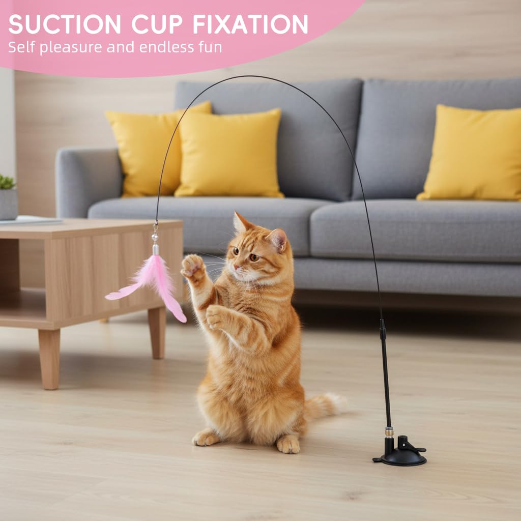 Qpets Cat Toys for Indoor Play with Suction Cup Base and Fiberglass Teaser Wand | Pink Feather Attachment